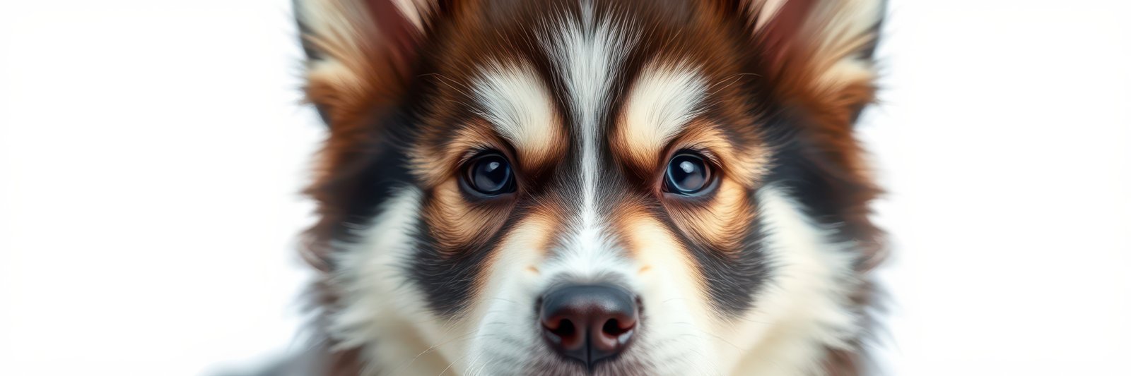 Portrait of a fluffy dog with striking features against a plain background, showcasing its adorable expression and vibrant colors